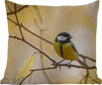 Tuinkussen - Koolmees - Tak - Vogel - Dieren - 40x40 cm - Weerbestendig