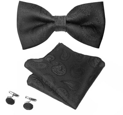Fako Fashion - Vlinderstrik, Pochette & Manchetknopen - Vlinderdas - Strikje - Pochet - Paisley Zwart II