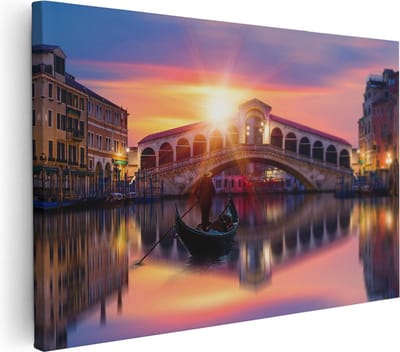 Artaza Canvas Schilderij Rialtobrug - 30x20 cm - Klein - Wanddecoratie Venetië - Muurdecoratie Zonsondergang - Kamer Accessoires Italië