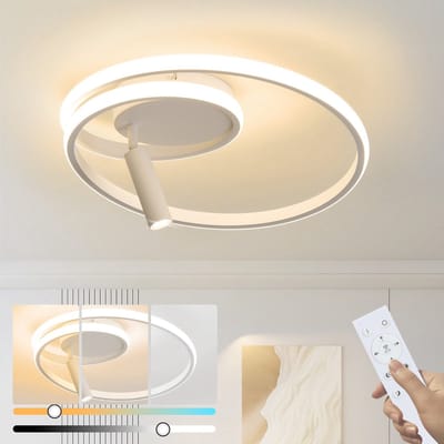 NETTLIFE Plafondlamp LED – Rond - Wit – met 1-Lichts Spot - Metaal – Dimbaar - 37W - Moderne Plafondverlichting – Met Afstandsbediening – voor Woonkamer | Slaapkamer | Eetkamer – 40cm