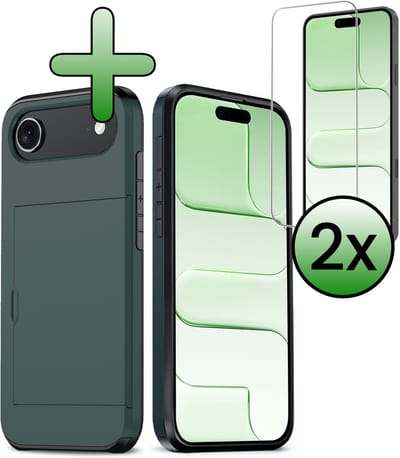 Hoes Geschikt voor iPhone Air Hoesje Hard Case Met Pas Houder Met 2x Screenprotector - Hoesje Geschikt voor iPhone Air Hoes Shockproof Hard Cover Met Kaarthouder - Donkerblauw