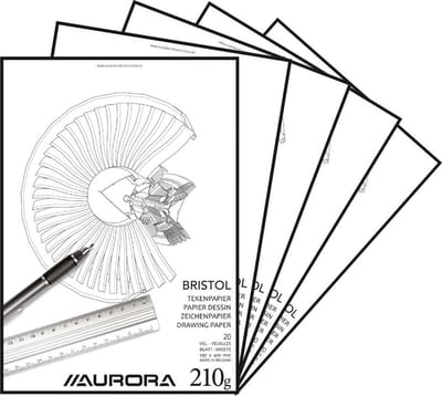 Aurora Tekenblok - Bristol - Glad Tekenpapier - 297 mm x 420 mm - A3 - 210g - 20 Vel - 5 Stuks