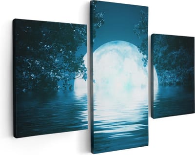 Artaza Canvas Schilderij Drieluik Volle Maan in het Water - 90x60 cm - Wanddecoratie Woonkamer - Schilderijen - Muurdecoratie
