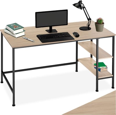 tectake® Bureau - Computerbureau met 2 planken - Bureautafel van hout en metaal - Industrieel design - Zwart metalen frame - Draagkracht bureaublad 200 kg en per plank 25 kg - Afmetingen (LxBxH) 140 x 60 x 76,5 cm - Lichtbruin