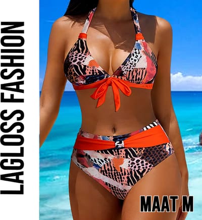 LaGloss® 2-Delig Vintage Bikini Set Dames Halter Bikini Met Strikdetail & Oranje Accenten – Zomermode – Beach Fashion – Strandmode – Maat M