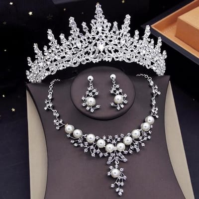 Royal Queen Crown Bruidssieraden Sets Voor Vrouwen Tiara Avond Parels Ketting Oorbel Set Trouwjurk Bruid Sieraden Set white