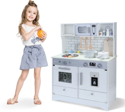 HomeMiYN Speelgoed Keuken – Kinderkeuken Hout in Japanse Stijl Lichtgrijs – Speelkeuken met Oven en Magnetron – Educatief Keukenspeelgoed voor Kinderen