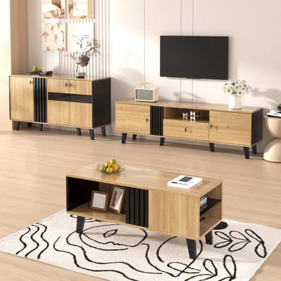 DESMIU Woonkamermeubelset - 3 Delig Met Salontafel Tv Meubel En Dressoir - Met Opbergruimte En Led Voor Woonkamer - Glas En Spaanplaat - 170x40x50,5 Cm