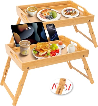 Opvouwbare Bamboe Bed Tray met Handvatten en Media Slot - Ideaal voor Ontbijt, Laptop Bureau en Snacks