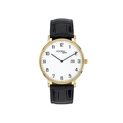 Adora Saphir Herenhorloge AS4775 – Klassiek Minimalisme – Goudkleurige Kast – Saffierglas – Zwart Lederen Band – Datum