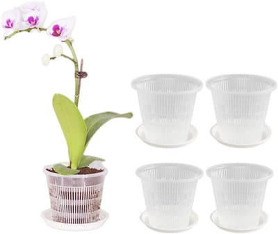 5 Stuks Orchidee Potten van 10 cm met Gaten en Schotels, Doorzichtige Plastic Potten voor Ademend Planten en Bloemen