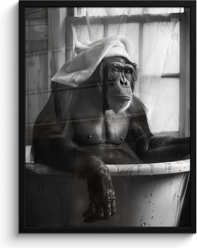 Poster in lijst - Fotolijst 60x80 cm - Posters - Aap - Dier - Bad - Zwart - Wit - Humor - Posterlijst zwart - Wanddecoratie badkamer - Muurdecoratie WC - Decoratieve accessoires - Toilet muur decoratie
