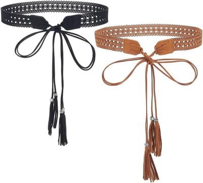 Boheemse gevlochten riem van PU-leer met kwastjes, verstelbare macramériem, vintage stijl, 2 stuks, 2 cm breed