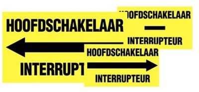 Hoofdschakelaar en interrupteur pijl rechts sticker, geel zwart 200 x 75 mm