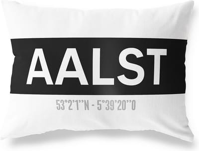 Tuinkussen AALST - GELDERLAND met coördinaten - Buitenkussen - Bootkussen - Weerbestendig - Jouw Plaats - Studio216 - Modern - Zwart-Wit - 50x30cm