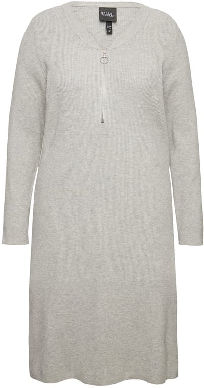 Ulla Popken - Dames - Ribjersey midi-jurk rits A-lijn V-hals lange mouw - Lichtgrijs melange - Maat 46+
