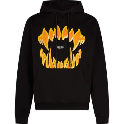 Lichtgewicht sweatshirt met capuchon voor heren, capuchon met mondprint, zwart/oranje