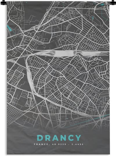Wandkleed - Wanddoek - Drancy - Frankrijk - Plattegrond - Kaart - Stadskaart - 120x180 cm - Wandtapijt