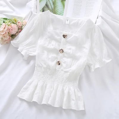 Gekreukeld Kortmouwig Shirt Getailleerd Effen Geplooide Knopen Blouse Vrouw Chiffon Blouse Vierkante Hals Chiffon Shirt S wit