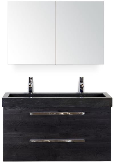 Seville Badmeubelset 100 cm - Black Oak - Wastafel Hardsteen Wit Lucca 2 Kraangaten met Spiegelkast