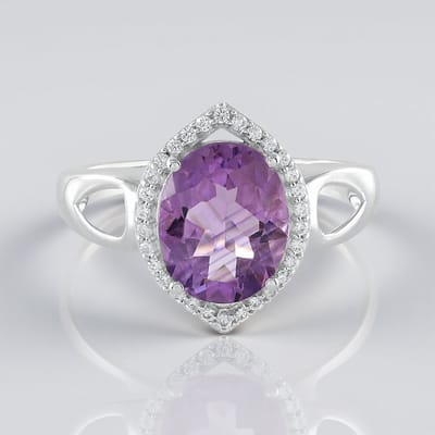 Cavill - Zilveren Ring - 925 Sterling Zilver - Zambia Amethist Ovaal 2,115 ct - 30 Cambodjaanse Zirkonia 0,189 ct - Paars Elegant Design