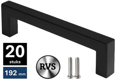 20 X MSQDESIGN Handgrepen RVS zwart - Boormaat 192mm - zwarte Handgreep voor Keuken & Kast - Moderne Meubelgreep - Keukengreep Mat zwart -Kastgrepen- zwarte Greepjes Keuken - zwarte RVS Handvatten - Deurgreepjes -incl schroeven