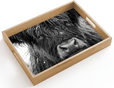 Dienblad hout 40x30 cm - Schootdienblad - Schotse hooglander - Zwart - Wit - Sneeuwvlokken - Borrelplank rechthoek - Plateau dienbladen