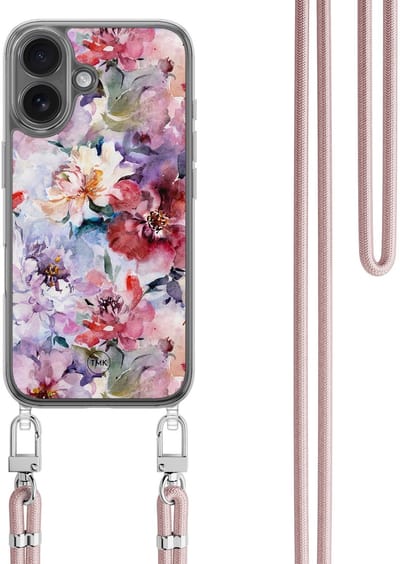 Casevibes - Telefoonhoesje met koord - Geschikt voor Apple iPhone 16 - Bloemen acryl - Rood - Bloemen