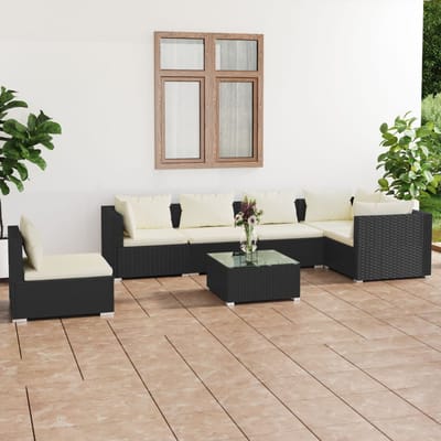 vidaXL - 7-delige - Loungeset - met - kussens - poly - rattan - zwart