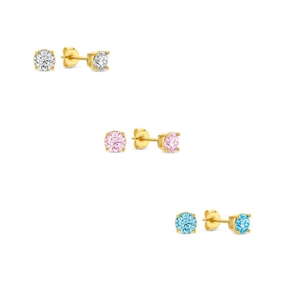 New Bling 9SIL-SET0041 Zilveren Zirkonia Oorknoppen Set 4mm Wit Roze Blauw Earparty - Zilver - Verguld/Goud op Zilver