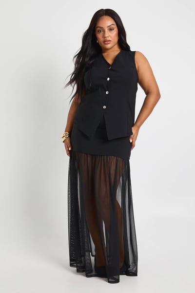boohoo Dames Plus Gouden Knopen Vest en Mesh Inzet Rok Co-Ord | Black | Maat: 18