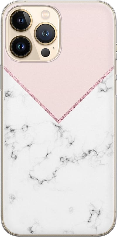 Leuke Telefoonhoesjes - Hoesje geschikt voor iPhone 13 Pro Max - Marmer roze grijs - Soft case - TPU - Bloemen - Paars