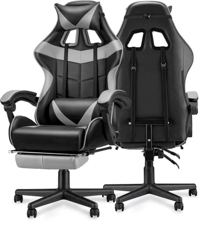 Soontrans Grijs-Gaming Stoel met Inklapbare Voetensteun, Gamestoel Verstelbaar Rugleuning, Armsteun, Ergonomische Gaming Chair als Bureaustoel, Uitgerust Met Hoofdsteun en Lendensteun, PU Kunstleer Computerstoel Gaming Voor Volwassenen en Jongeren