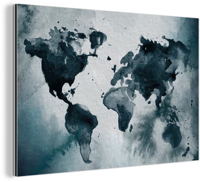 Aluminium schilderij 180x120 cm - Wanddecoratie metaal - Wereldkaart - Abstract - Waterverf - Metalen muurdecoratie woonkamer - Decoratie industrieel - Foto op dibond - Industriële accessoires slaapkamer