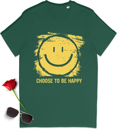 Grappig tshirt met smiley print en quote - T-shirt met choose to be happy opdruk - Dames en heren t shirt - Leuk, blij tshirt voor vrouwen en mannen - Unisex maten: S M L XL XXL XXXL - Shirt kleuren: Zwart en groen (bottle green).