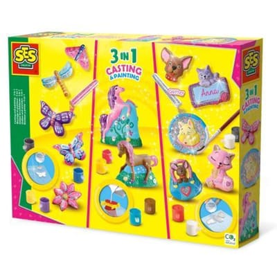 SES Creative - Hobby Pink - Gieten en Schilderen - 3 in 1 - Fantasie Paarden, Vlinders, Katten en Honden - Knutselen Meisjes - Sneldrogend - Vanaf 5 jaar