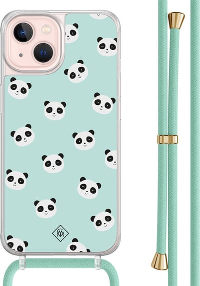 Casimoda® hoesje met mintgroen koord - Geschikt voor iPhone 13 - Panda Print - Afneembaar koord - TPU/acryl - Mint