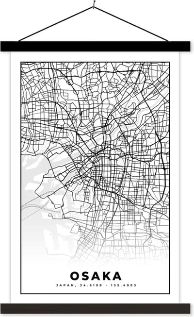 Posterhanger incl. Poster 40x60 cm - Schoolplaat - Kaart - Osaka - Stadskaart - Japan - Plattegrond - Textielposter - Zwarte latten - Stadskaart