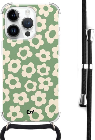 Casevibes - Telefoonhoesje met koord - Geschikt voor Apple iPhone 14 Pro - Retro Cute Flowers - Groen -