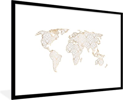 Poster in lijst - Fotolijst 90x60 cm - Posters - Wereldkaart - Goud - Grijs - Kinderen - Jongens - Meisjes - Posterlijst zwart - Decoratie - Wanddecoratie woonkamer - Muurdecoratie slaapkamer