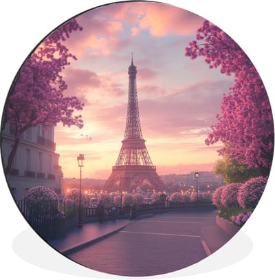 WallCircle - Wandcirkel - Muurcirkel - Eiffeltoren - Parijs - Roze - Aluminium - Dibond - 30x30 cm - Binnen en Buiten