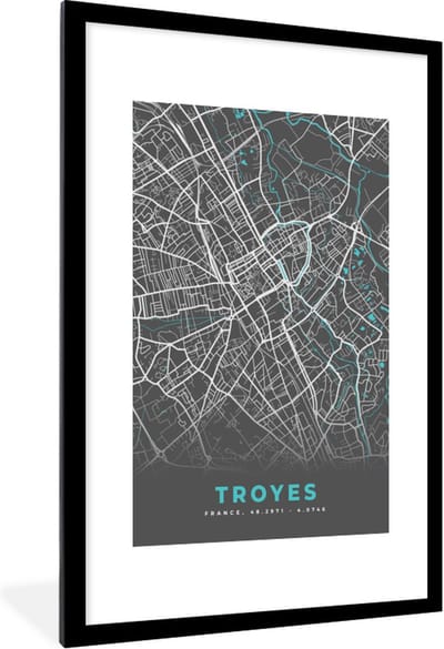 Fotolijst incl. Poster - Troyes - Frankrijk - Plattegrond - Stadskaart - Kaart - 80x120 cm - Posterlijst