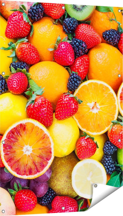 Gards Tuinposter Kleurrijke Fruit Achtergrond - 80x120 cm - Tuindoek - Tuindecoratie - Wanddecoratie buiten - Tuinschilderij