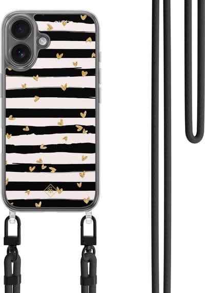 Casimoda® hoesje met koord - Geschikt voor iPhone 16 - Hart Streepjes - Afneembaar koord - TPU/polycarbonaat - Zwart
