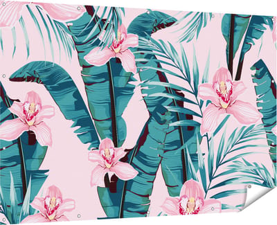 Gards Tuinposter Tropische Roze Zomer Bloemen met Bladeren - 180x120 cm - Tuindoek - Tuindecoratie - Wanddecoratie buiten - Tuinschilderij