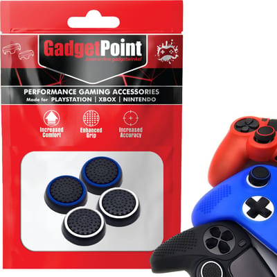 Gadgetpoint - Thumb Grips voor PlayStation, PS5, Xbox X/S, One & Switch Pro Controller - Gaming Thumbgrips - Performance Anti-Slip Thumbsticks - Bescherming Accessoires - Zwart Blauw en Zwart Wit