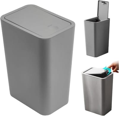 Prullenbak met deksel - Slanke vuilnisbak - Ruimtebesparend afval - Pop-up deksel mechanisme - 12 liter capaciteit - Grijs