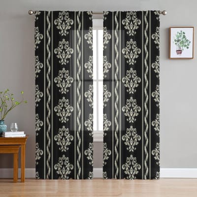 Bloemen Zwarte Transparante Gordijnen voor Woonkamer Transparante Tule Raamdecoratie Slaapkamer Keuken Huisdecoratie Sluier Draperieën 135W x 114H(cm) gray