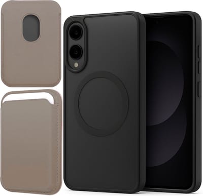 Hoesje + Pasjeshouder geschikt voor Samsung Galaxy S25 Edge - Portemonnee geschikt voor MagSafe - Magnetisch - Pasjes Houder - Creditcardhouder - Taupe
