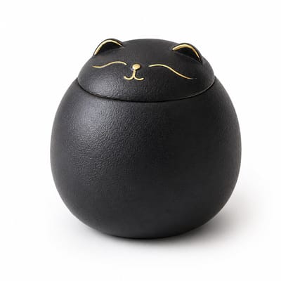 Gloovon® Huisdier Asurn Kat - Keramiek - Vochtbestendig & Luchtdicht - Decoratieve Dierenurn voor Binnen - Mat Zwart/Goud - 14.5cm